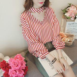 Cut Out Shoulder Striped Blouse
