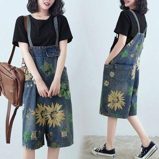 Floral Print Wide-leg Denim Jumper Shorts