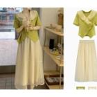 Short-sleeve Ruffled Collar Asymmetrical Blouse / Midi A-line Skirt / Set