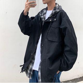 Mock Two-piece Plaid Paneled Zip Jacket