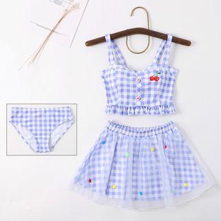 Set: Sleeveless Gingham Swim Top + Swim Skirt + Bottom