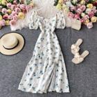 Puff Short-sleeve Floral Print Slit Dress