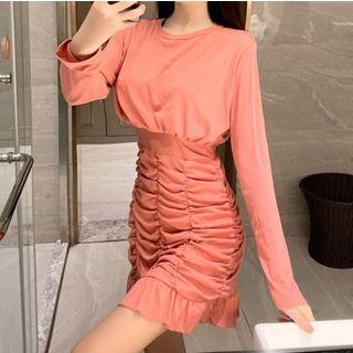 Long-sleeve Gathered-waist Glitter Dress