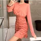 Long-sleeve Gathered-waist Glitter Dress