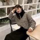 Striped V-neck Knit Top / Plain Turtleneck Long-sleeve Top / High-waist Skirt