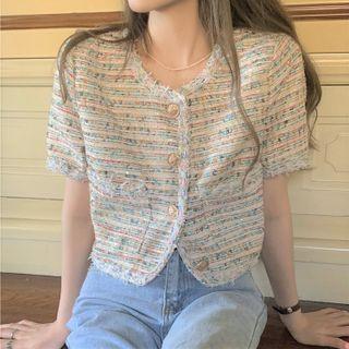 Short-sleeve Striped Tasseled Blouse White - One Size
