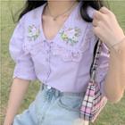 Short-sleeve Lace Trim Flower Embroidered Blouse