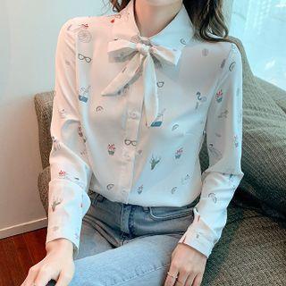 Long-sleeve Cartoon Print Bow Shirt