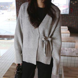 Long-sleeve Plain Knit Cardigan With Sash