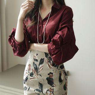 Set: Lantern-sleeve Blouse + Floral Print Pencil Skirt