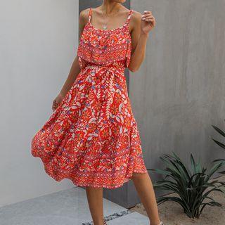 Spaghetti Strap Floral Tie-waist Midi A-line Dress