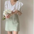 Short-sleeve Ruffled Trim Blouse / Plain A-line Mini Skirt