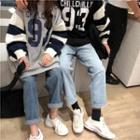 Couple Matching Stripe Panel Lettering Hoodie