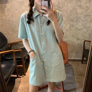 Short-sleeve Plain Shirtdress Light Green - One Size