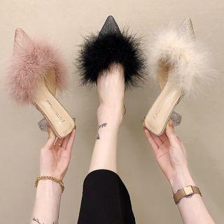 Fluffy Pointy-toe Chunky-heel Mules