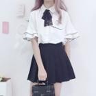 Tie-neck Bell-sleeve Blouse / Mini A-line Skirt