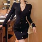 V-neck Button Detail Mini Sheath Dress Black - One Size