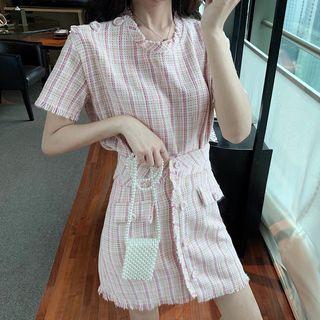 Set: Short-sleeve Plaid Top + Mini Plaid A-line Skirt