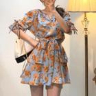 Elbow-sleeve Frill Trim Floral A-line Mini Dress