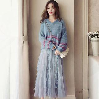 Set: Striped Sweater + Fringed A-line Midi Mesh Skirt