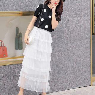 Short-sleeve Dotted Top / Maxi Layered Skirt / Set