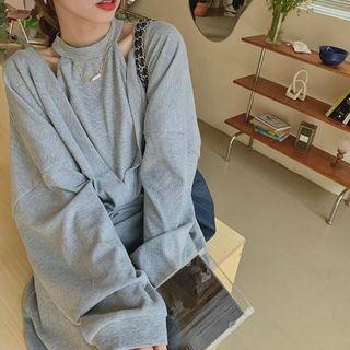 Set: Halter Camisole Top + V-neck Sweatshirt Set Of 2 - Camisole Top & Sweatshirt - Gray - One Size