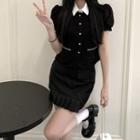 Short-sleeve Collared Blouse / Pleated Trim Mini Pencil Skirt