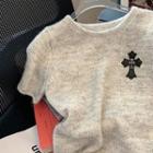 Short-sleeve Cross Applique Knit Top Gray - One Size