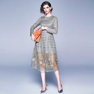 Long-sleeve Embroidered Midi A-line Lace Dress