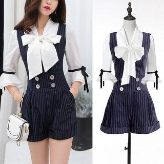 Bow Accent Blouse / Striped Sleeveless Playsuit