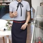 Set: Short-sleeve Tie-neck Shirt + Pencil Skirt