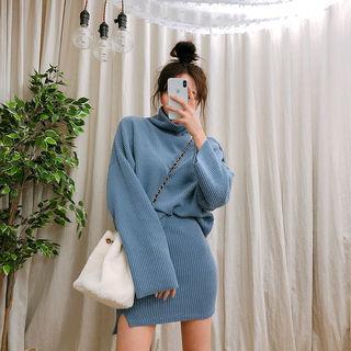 Turtle-neck Sweater & Mini Skirt Rib-knit Set