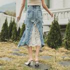 Lace-panel Distressed Denim Skirt