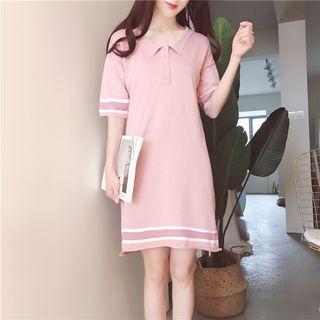 Short-sleeve Contrast-trim Polo Shirt Dress As Shown In Figure - One Size