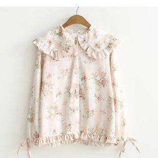 Floral Print Frill Trim Chiffon Shirt