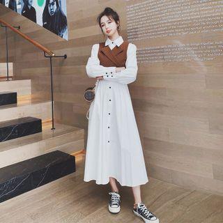 Set: Lantern-sleeve Midi A-line Shirt Dress + Striped Vest