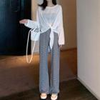 Knotted Long-sleeve Sheer T-shirt / Striped Wide Leg Pants