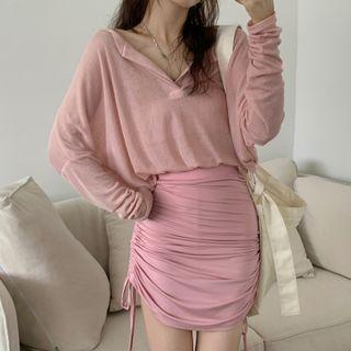 Long-sleeve V-neck Top / Drawstring Mini Pencil Skirt