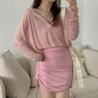 Long-sleeve V-neck Top / Drawstring Mini Pencil Skirt