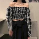 Long-sleeve Off-shoulder Wood Ear Trim Plaid Shirt Black & White - One Size