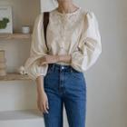 Balloon-sleeve Embroidered Blouse Light Beige - One Size