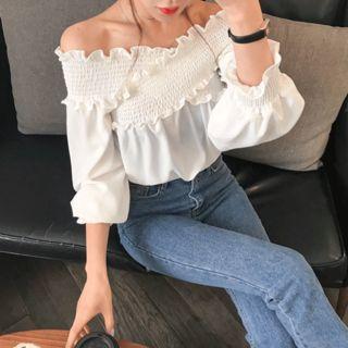 Off-shoulder Smocked Crepe Blouse