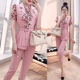 Set: Short-sleeve Leopard Print Blouse + Double Breasted Vest + Cropped Skinny Pants