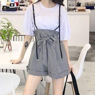 Set: Puff Elbow Sleeve Top + Houndstooth Jumper Shorts