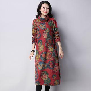 Print Long-sleeve Turtleneck A-line Dress