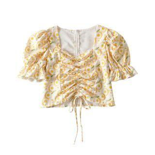 Drawstring Ruched Floral Print Puff-sleeve Cropped Blouse