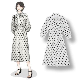 Long-sleeve Polka Dot Midi A-line Dress White - One Size