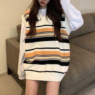 V-neck Striped Over-sized Knit Vest Vest - Stripe - Yellow - One Size