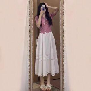 Short-sleeve Cardigan / Lace Trim Midi A-line Skirt / Set