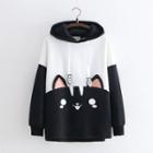 Cat Embroidered Color-block Fleece-lined Hoodie Black & White - One Size